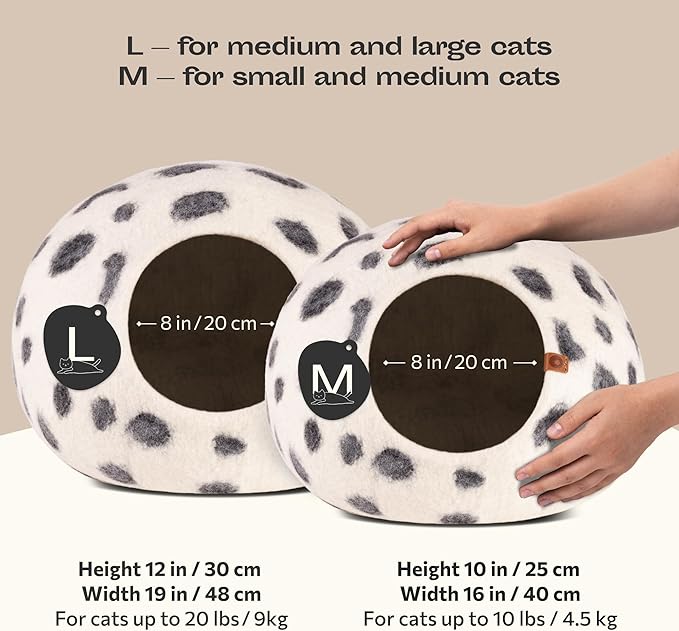 MEOWFIA Cat Cave – Premium Felt Cat Bed for Indoor Cats, Handmade 100% Merino Wool (Large, Snow Leopard)