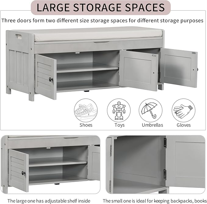 Storage Bench with 3 Shutter-Shaped Doors, Wood Shoe Bench with Removable Cushion and Hidden Storage Space for Entryway, Living Room, Hallway 43.5" L*16" W*18" H (Gray Wash Pine)