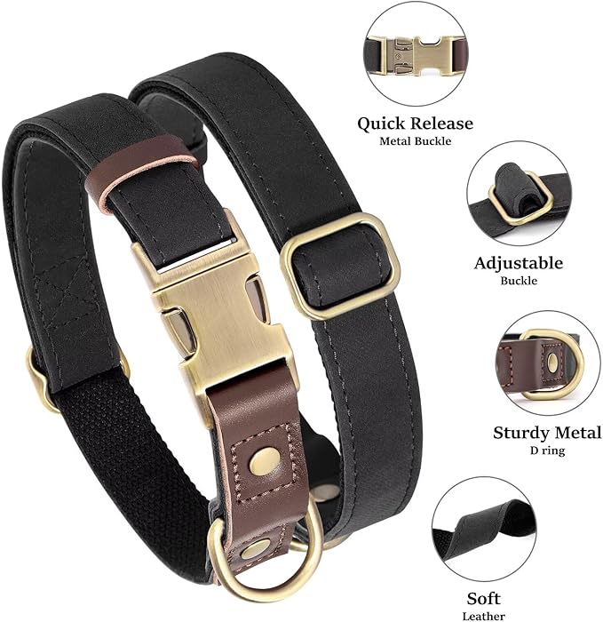 Didog Soft PU Leather Dog Collars for Medium Dogs,Classic Adjustable Dog Collars with Quick Release Metal Buckle,Easy Clean and Comfortable with Nylon Lining,Black,M Neck 13-19"
