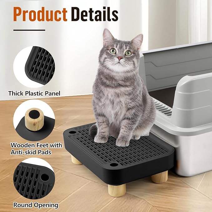 Cat Litter Box Step Ramp, Cat Litter Catcher Mat with Wooden Feet, Filter Function, Cat Pedal Stool for Self-Cleaning Cat Litter Box, Ideal for Kitten & Elderly Cats (Black)