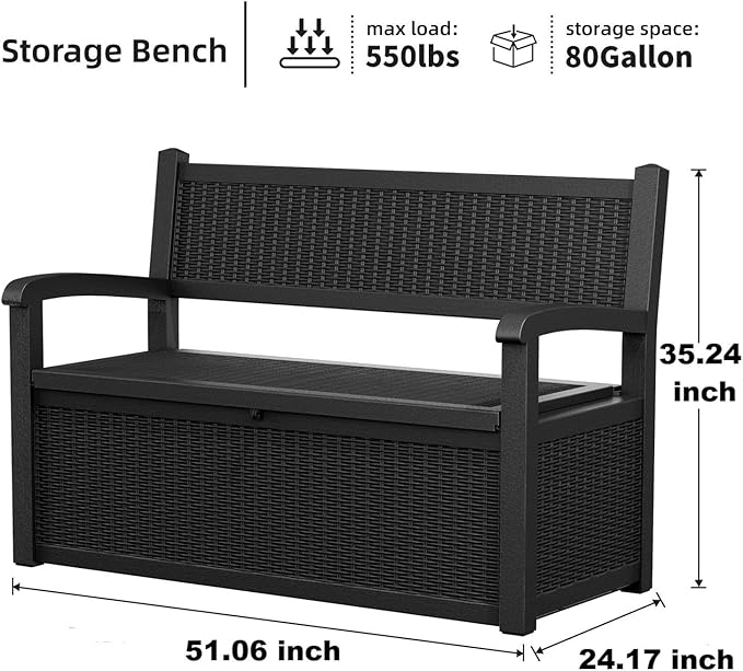 80 Gallon Storage Bench Waterproof and Lockable,Deck Box Outdoor Storage Furniture for Patio,Garden,and Porch – Perfect for Storing Garden Tools and Cushions(Black)