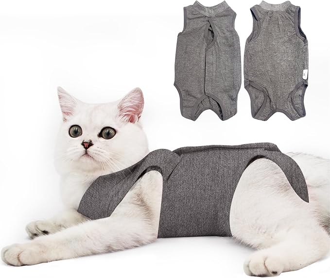 DOTON Cat Recovery Suit for Male and Female Surgical Post Surgery Soft Cone Onesie Shirt Clothes Neuter Licking Protective Diapers Outfit Cover Kitten Spay Collar(S, Grey)
