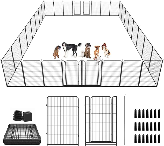 Dog Playpen Outdoor Extra Wide 32 Panels Heavy Duty Dog Fence 47" Height Anti-Rust with Doors Portable for RV Camping Yard, Total 84FT, 561 Sq.ft, Snowy Black