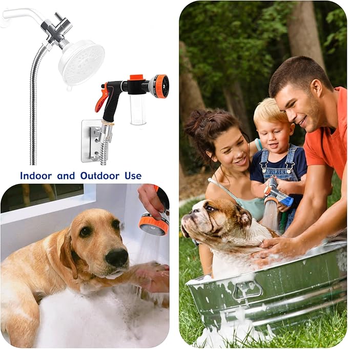Dog Shower Attachment Water Hose Nozzle Sprayer Set with Metal 3-Way Shower Diverter & 6.6 Ft Long Hose for Bathroom Shower Arm Easy Indoor Outdoor Pet Pup Dog Washing Hose attachment