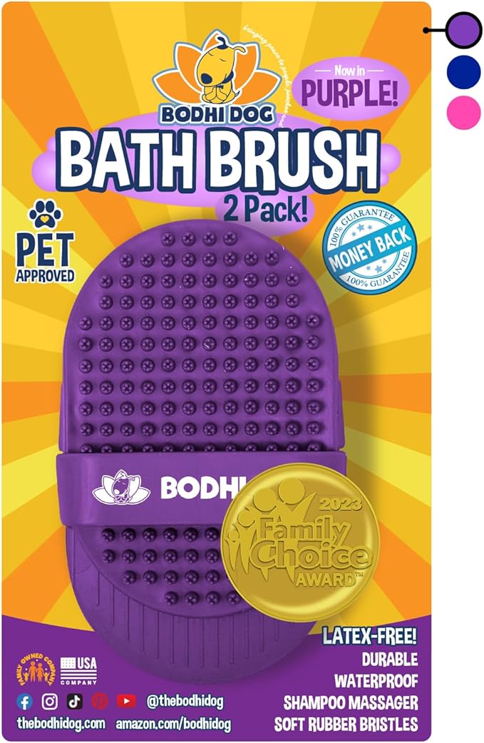 Bodhi Dog Shampoo Brush - Pet Grooming & Bath Supplies for Dogs and Cats - Bath Brush for Long & Short Hair - Premium Scrubber for Shower, Bathing & Massage (Two Pack, Purple)