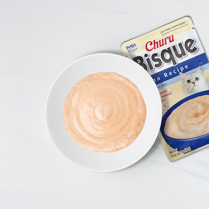 INABA Churu Bisque for Cats, Creamy Lickable Purée Side Dish with Vitamin E, 1.4 Ounces per Pouch, 12 Pouches, Tuna Recipe