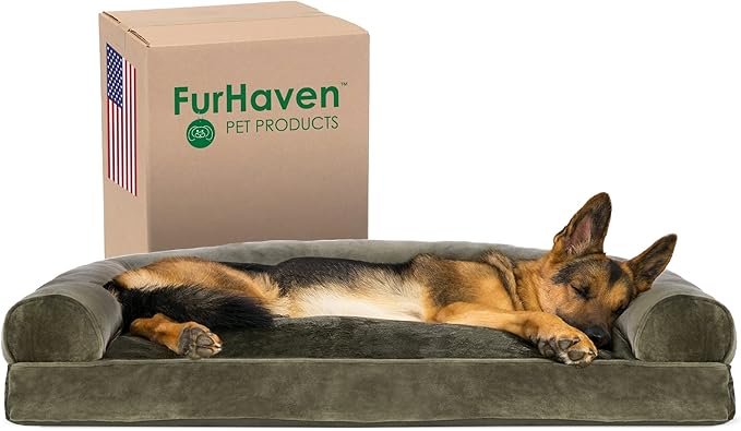 Furhaven Pillow Dog Bed for Large Dogs w/ Removable Bolsters & Washable Cover - Faux Fur & Velvet Sofa - Dark Sage, Jumbo/XL