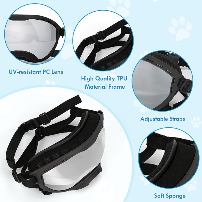 Dog Goggles for Large Dogs, UV Wind Dust Fog Protection, Soft Frame Adjustable Dog Sunglasses, Summer Driving & Winter Snow Eyewear, Tactical Pet Glasses with Elastic Strap (Black)