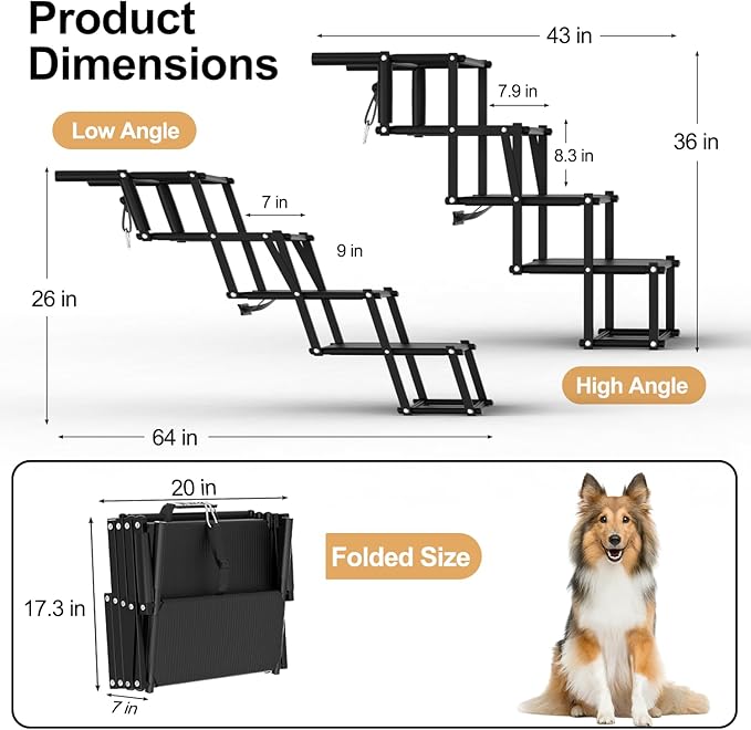Extra Wide Dog Stairs for Large Dogs, Foldable Dog Ramp for Car with Non-Slip Surface, Lightweight Dog Stairs for Cars, Dog Steps for Cars, SUV, High Beds, Truck, Supports up to 250 lbs, 4 Steps