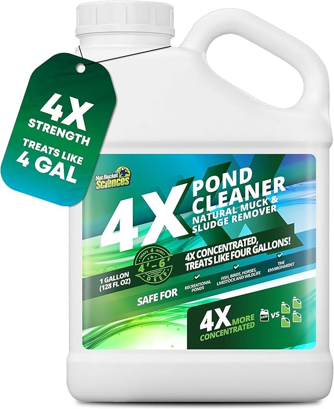 1 Gallon 4X Pond Cleaner - Treats Like 4 Gallons & Covers 4 Acres - Pond Cleaner for Outdoor Ponds, Pond Muck and Sludge Remover for a Clean, Natural Look, Ideal Pond Clarifier for Outdoor Ponds
