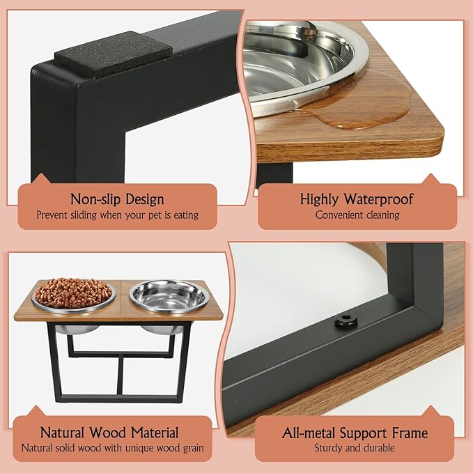 Elevated Dog Bowls for Large Dogs, Raised Dog Bowl Stand with Two X-Large Stainless Steel Bowls for Dogs, 3.5L Capacity, Rustic Walnut