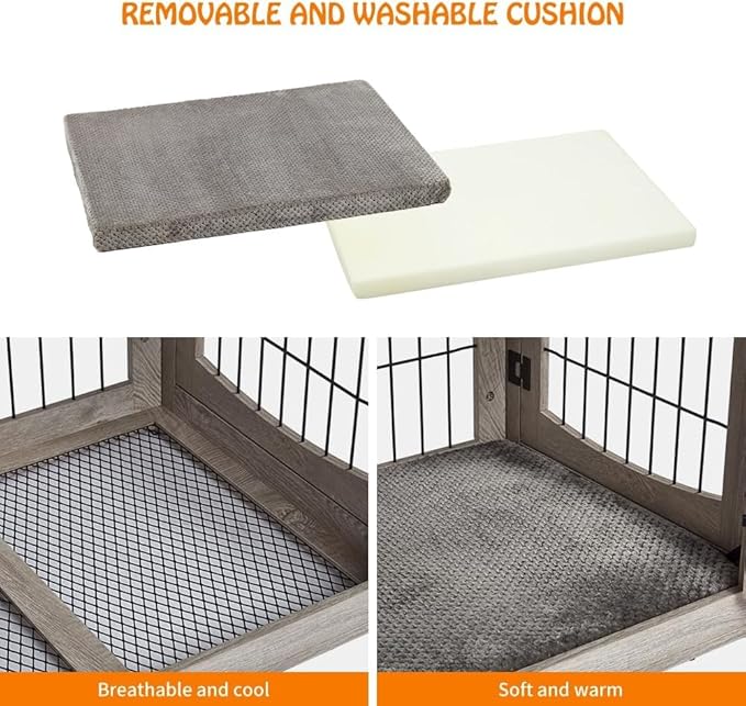 Dog Crate Furniture for Medium Dogs, Wooden Dog Kennel Indoor with Double Doors, Dog Cage with Cushion & Drawers, Dog House Side End Table for Small Medium Dogs up to 45 lb, 31.5” L, Grey