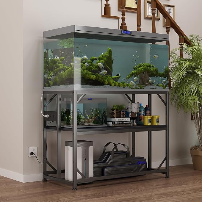 Sturdy Metal Aquarium Stand with Power Outlets, Adjustable Storage Cabinet - 660LBS Capacity, Black - Suitable for 40 Gallon Fish Tank, Turtle Tank, Fish Tank Accessories - Perfect Fish Tank Stand for Organization and Convenience