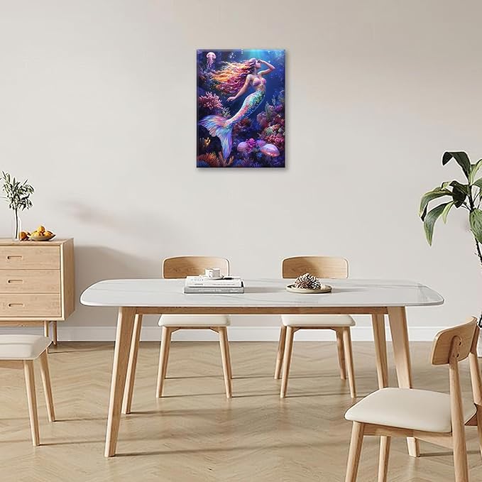 Sea Mermaid Bathroom Pictures Wall Art, Ocean Mermaid Bathroom Wall Decor, Aesthetics Framed Painting Canvas Artwork for Bedroom Living Room Decorations 16"L x 12"W
