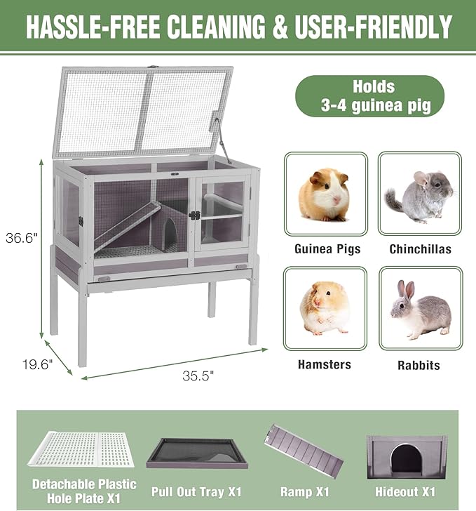 GUTINNEEN Guinea Pig Cage Rabbit Cage Indoor with Chew-Proof Edges, Clean Deep Tray, Leakproof PVC Layer, Small Animals Cage with Adjustable Legs - Grey