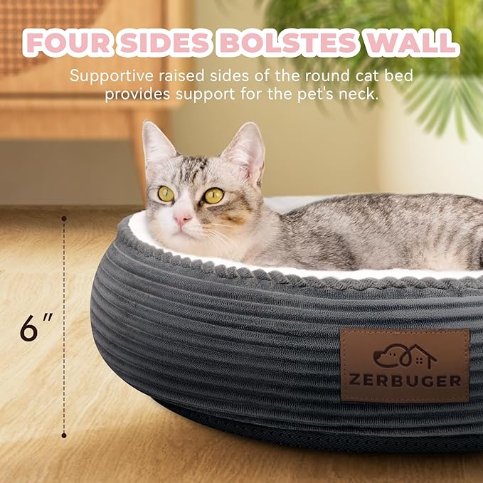 20in Washable Cat Beds for Indoor Cats - Round Donut Pet Bed for Cats, Small Dogs, Puppy, Kitten - Anti-Slip Bottom, Calming Bed Gift - Dark Grey