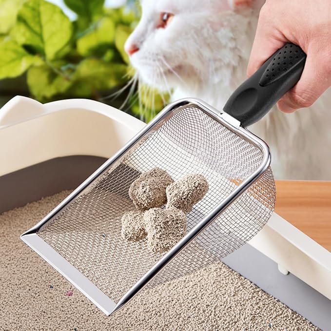 Metal Cat Litter Scoop,Sturdy Litter Cleaner Corner Shovel,Stainless Steel Mesh Litter Shovel,Easy to Clean Reptile Terrarium Sand Waste(Black)