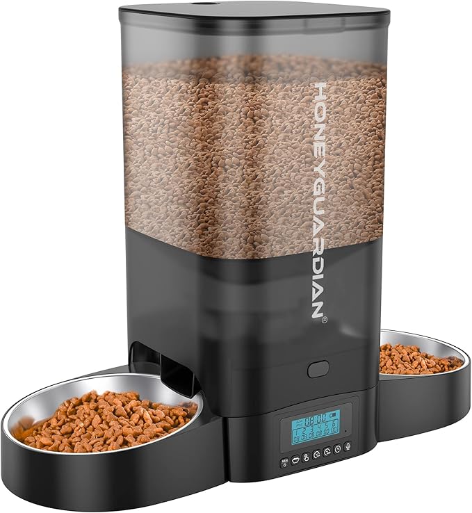 HoneyGuaridan 5L Automatic Cat Feeder for Two Cats, Cat Food Dispenser with Stainless Steel Bowl,Timed Feeder Programmable 1-6 Meals Control, Dual Power Supply,Desiccant Bag Black