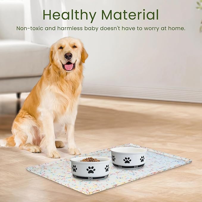 Ptlom Dog Food Mat Anti-Slip Dog Bowl Mats for Food and Water, Waterproof Pet Placemat Prevents Messy Spill to Floor, Silicone Puppy Feeding Tray for Small, Medium and Large Dogs Cats