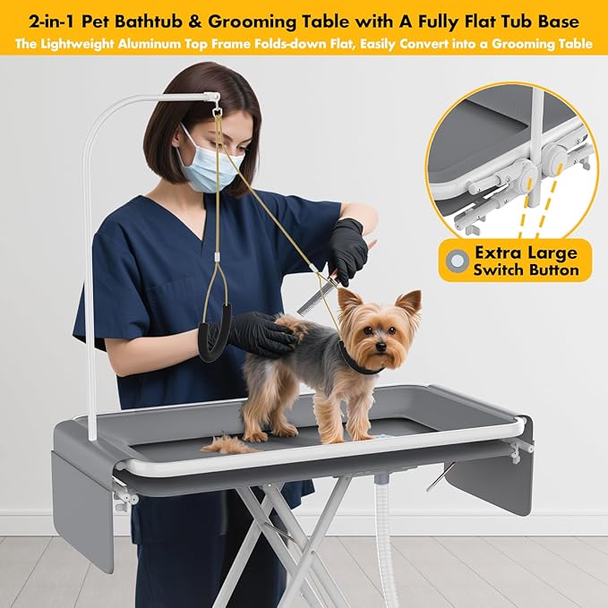 PAWZIDEA 2-in-1 Portable Dog Bathtub & Grooming Table, 33" Foldable Pet Washing Station for Small Medium Dogs Cats, Elevated Tubs for Bathing Shower Indoor Outdoor, 5 Height Adjustable, Storage Pocket