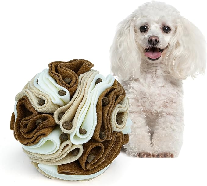 Pet Snuffle Ball, Puzzle Sniffing Interactive Dog Ball for Blind Dogs Training Stress Relief Dog Enrichment Toys Treat Machine Washable (15cm, Milk Tea Brown)