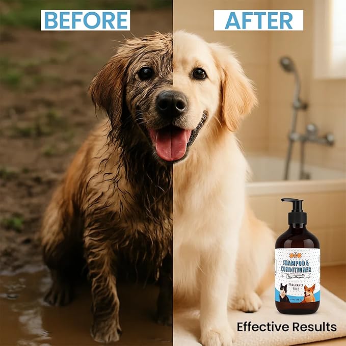 POM Pets 2-in-1 Organic Dog Shampoo & Conditioner – Itchy Skin Relief, Dog Deshedding, Detangles Fur, Cat Shampoo, Paw Cleaner for Dogs, Natural Coat Defense Formula