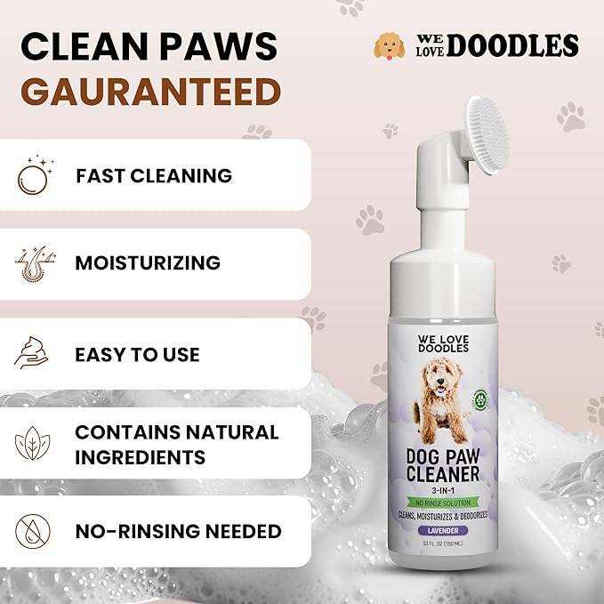 Dog Paw Cleaner (Over 100+ Feet Cleanings) No-Rinse Dog Foot Washer, Gentle and Safe Paw Cleaner for Dogs and Cats, Foam Formula, Moisturizes and Deodorizes, 150mL (Lavender) [We Love Doodles]