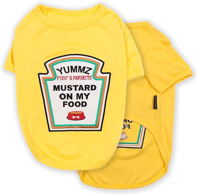 Parisian Pet Dog Shirt - Embroidered “Mustard on My Food“ - 100% Cotton and Polyester Dog Clothes - Sleeved, Lightweight Costume for Dogs - Yellow Dog Shirts for Large Dogs - Pet Costumes - L