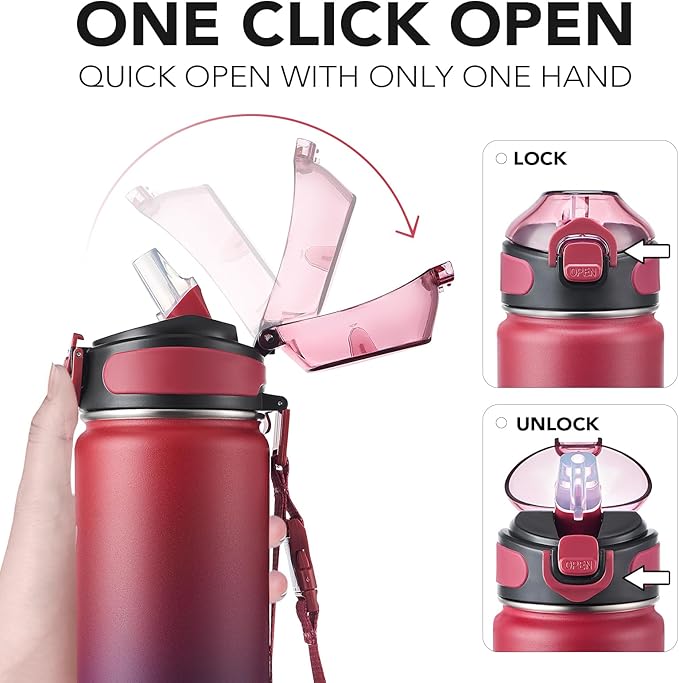 Enerbone 24 oz Insulated Water Bottle, Stainless Steel Bottle with Carrying Strap, Double-Wall Vacuum Insulation Design, Leakproof Sports Bottle with Straw, Keep Drinks Cold or Hot for Hours