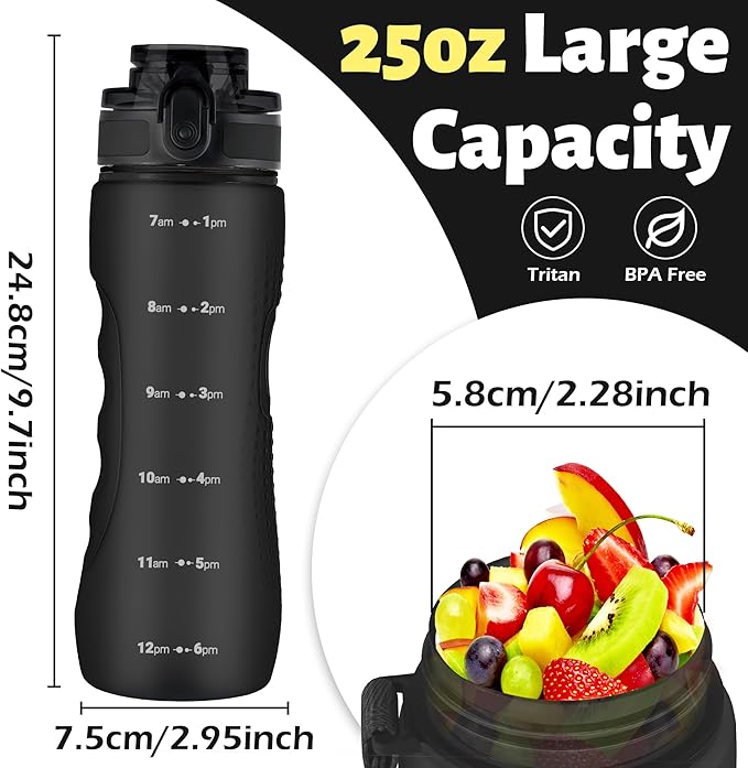 OLDLEY 25 oz Water Bottle, Motivational Water Bottle with Time Marker, Sports Water Bottle With Strap, Leakproof & BPA Free Large Water Bottles for School, Gym, Travel, Outdoor, Tritan,Black