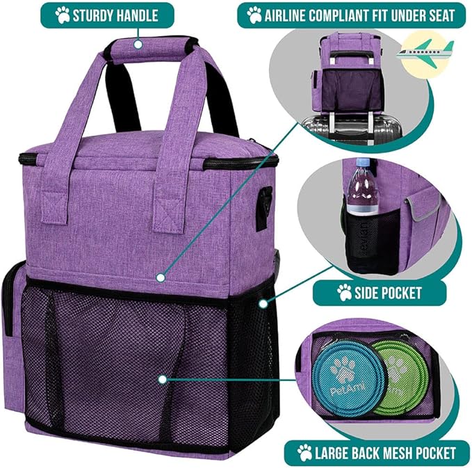 PetAmi Dog Travel Bag Pet Supplies Accessories Organizer for Traveling, Camping, Weekend; Cat Pet Travel Bag Kit Includes 2 Food Storage Containers, 2 Collapsible Bowls, 1 Feeding Mat (Purple)