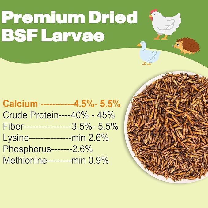 20LB Dried Black Soldier Fly Larvae, 86X Calcium Than Dried Mealworms, High Protein Non-GMO Organic Chicken Feed