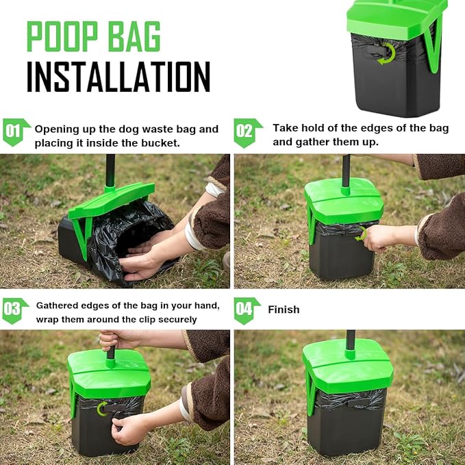 Pooper Scooper Swivel Bin & Rake with 100 Waste Bags, Dog Pooper Scooper with Bag Attachment for Large Medium Small Dogs, Poop Scooper with Lid for Lawn Yard Dog Kennel