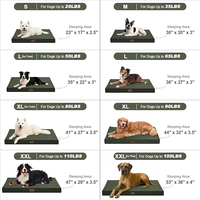 Outdoor Large Dog Bed, Waterproof Dog Bed for Large Dogs, Egg Crate Foam Pet Bed with Removable Washable Oxford Cooling Cover, Dark Green