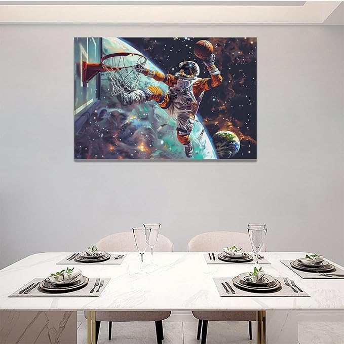 Quorin Astronaut Wall Art Funny Spaceman Basketball Pictures Space Galaxy Planet Wall Decor Canvas Print Painting Artwork for Bathroom Living Room Bedroom 16"x24"