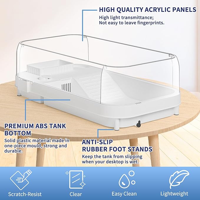 Large Turtle Tank with Water Pump, Acrylic Turtle Tank Starter Kit with Heightened and Curved Fences, Multi-Function Areas, Bottom Drainage