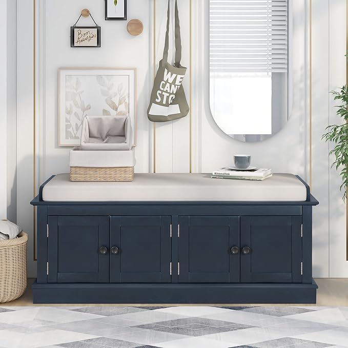 Storage Bench with 4 Doors and Adjustable Shelves, Shoe Bench with Removable Cushion for Living Room, Entryway 42.7" L x 16" W x 17.4" H (Antique Navy)