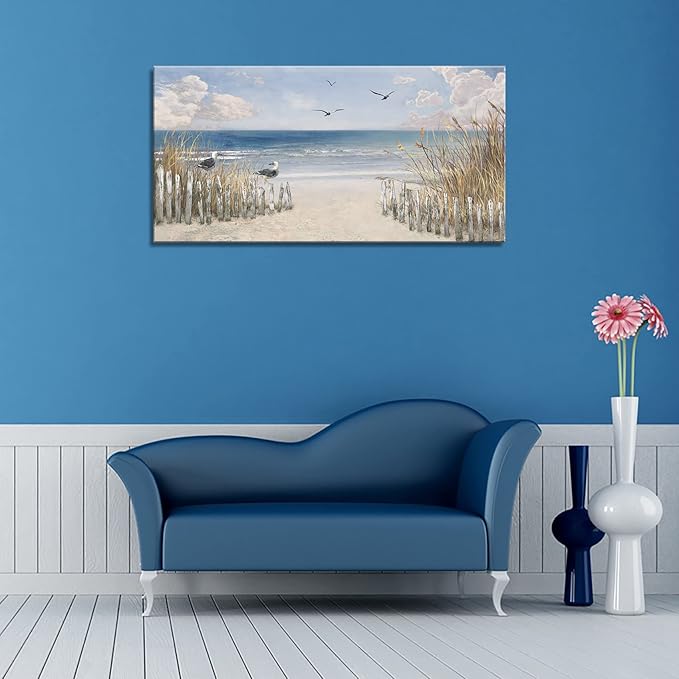 XXMWallArt FC3750 Sandy Beach Wall Art Canvas Print Wall Art Seascape Blue Print Painting Abstract Coastal Picture Modern Ocean Artwork for Living Room Bedroom Bathroom Office Wall Decor
