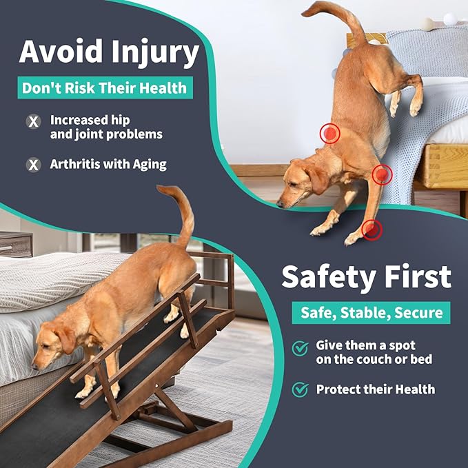 Dog Ramp, 5 Level Adjustable Wooden Folding Pet Ramp for Middle Bed, Couch,SUV-High Traction, Portable Paw Ramps for Small & Large Old Dogs & Cats - Furniture Quality