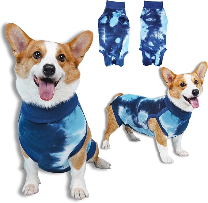 Breathable Dog Recovery Suit for Male/Female, Tie Dye Blue Dog Onesie for Abdominal Wounds, Cone E-Collar Alternative After Surgery to Anti-Licking, Professional Surgery Suit for Dogs