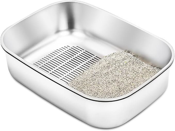 Stainless Steel Sifting Litter Box with Lid, Metal Litter Pan with Scoop for Big Cats Multi Cat, Extra Large Cats Litterbox Odor Control, Easy Clean (23*16.5*16.5inch-with Enclosure, X-Large)