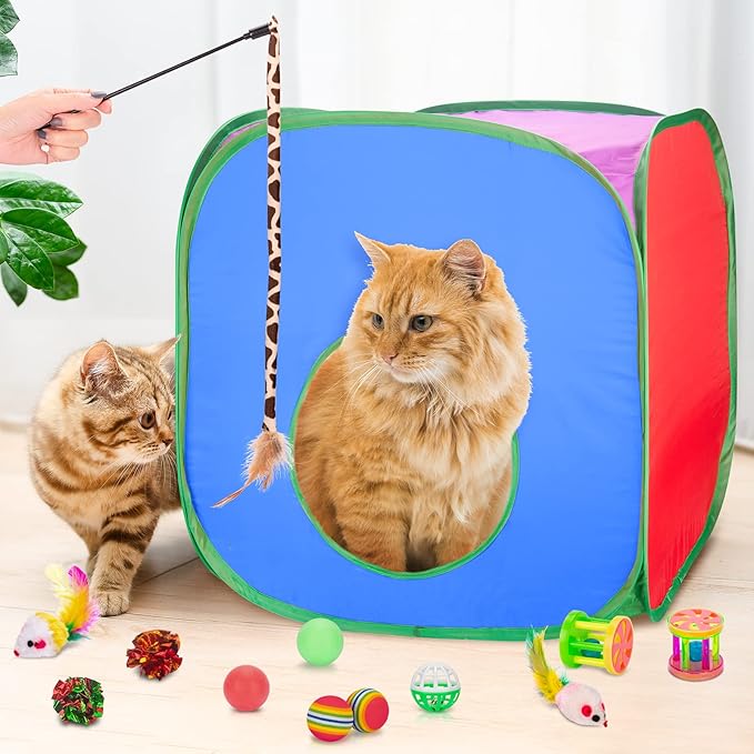 Retro Shaw 33Pcs Cat Toys for Large Cats, Interactive Kitten Toys for Indoor Cats Kitty with Collapsible Game Tunnel Tube Tent Feather Wand Teaser Bell Fuzzy Ball Springs Mouse Toys