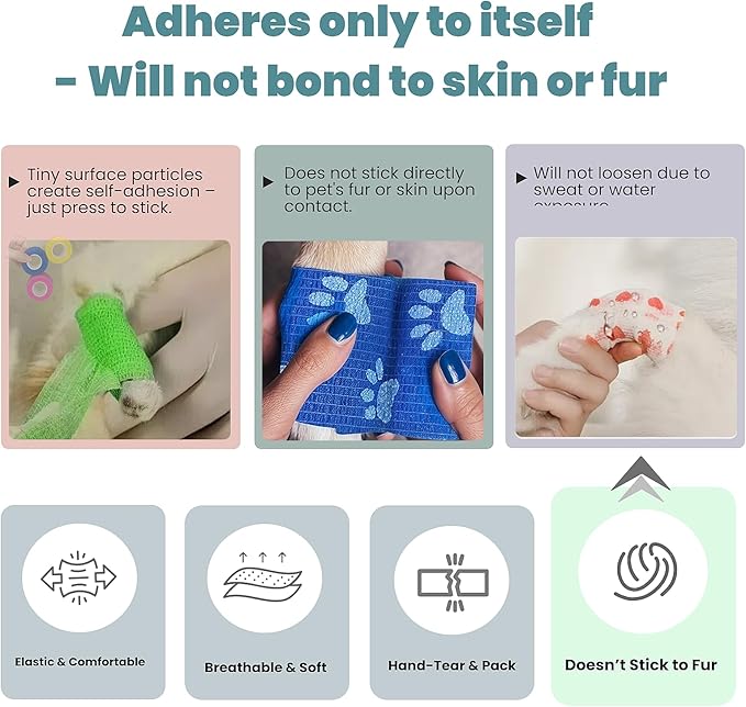 Pet Bandage 6 Rolls, Adhesive Bandage, Self Adhesive Bandage, First Aid Adhesive Gauze, for Horses, Dogs,Cats, Birds, Animals (Animals, 2 Inch (Pack of 6))