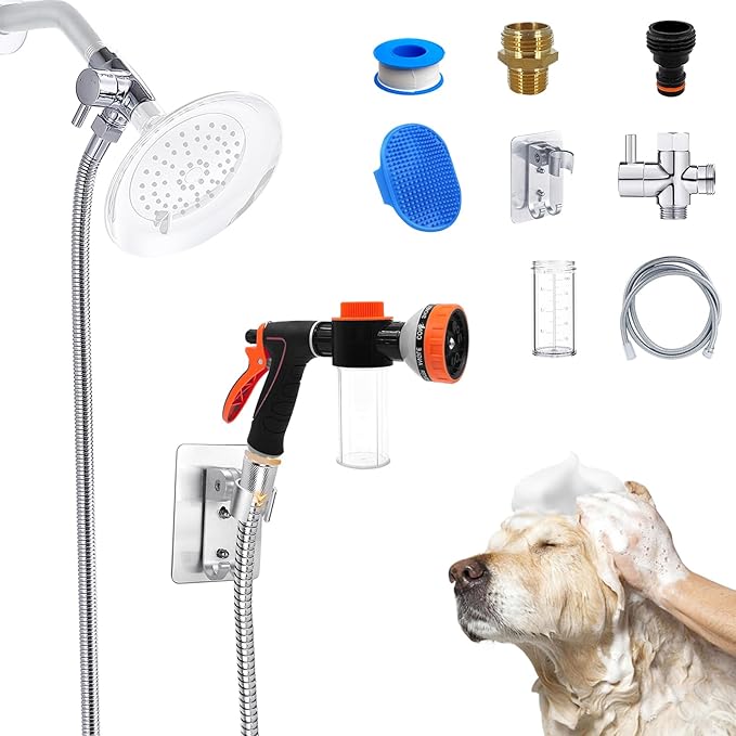 Dog Shower Attachment Water Hose Nozzle Sprayer Set with Metal 3-Way Shower Diverter & 6.6 Ft Long Hose for Bathroom Shower Arm Easy Indoor Outdoor Pet Pup Dog Washing Hose attachment