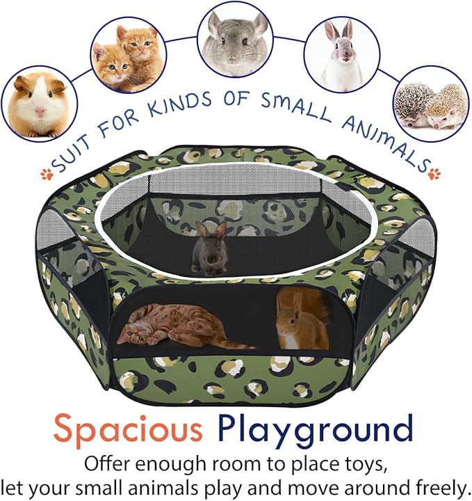 Pawaboo Small Animals Playpen, Waterproof Small Pet Cage Tent with Zippered Cover, Portable Outdoor Yard Fence with 3 Metal Rod for Chick/Kitten/Puppy/Guinea Pig/Rabbits/Hamster, Leopard Print
