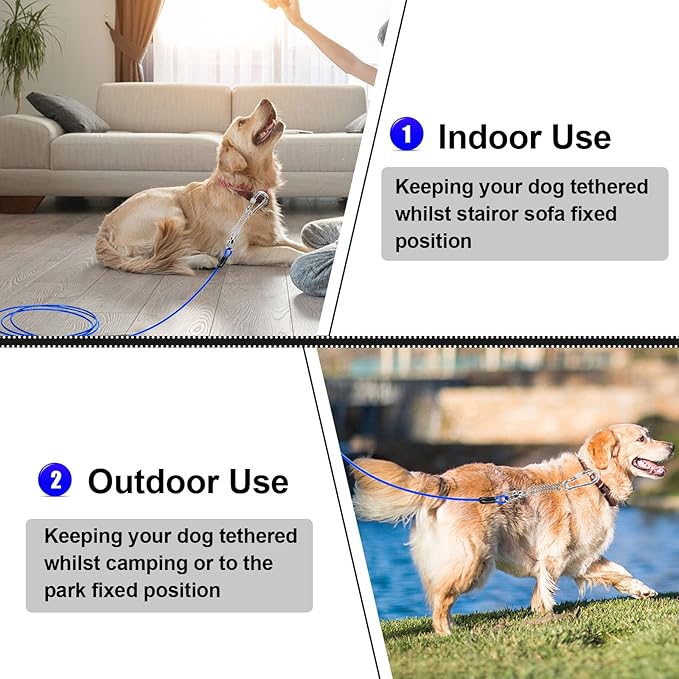 Jenico Dog Tie Out Cable, 10/15/20/30/40/50/70/100/150FT Runner Cable with Swivel Hook and Shock Spring, Yard and Camping Dog Leash Run Tether, Small to Medium Pets Up to 500 LBS