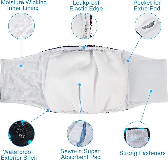 CuteBone Dog Diapers Male Belly Bands 3 Pack for Male Dogs Reusable Puppy Wraps DM65S