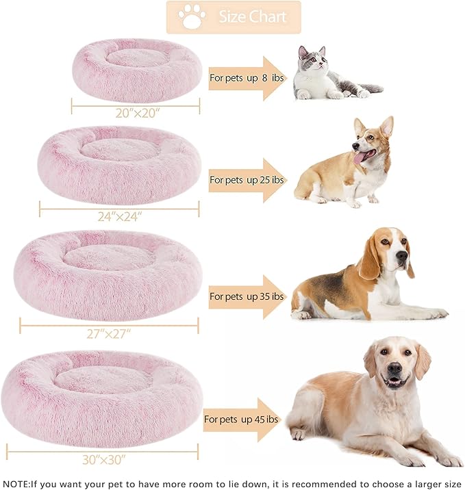WNPETHOME Calming Dog Bed Cat Bed Donut, Faux Fur Pet Bed Self-Warming Donut Cuddler, Comfortable Round Plush Dog Beds (30 x 30 x 10 Inch, Light Pink)
