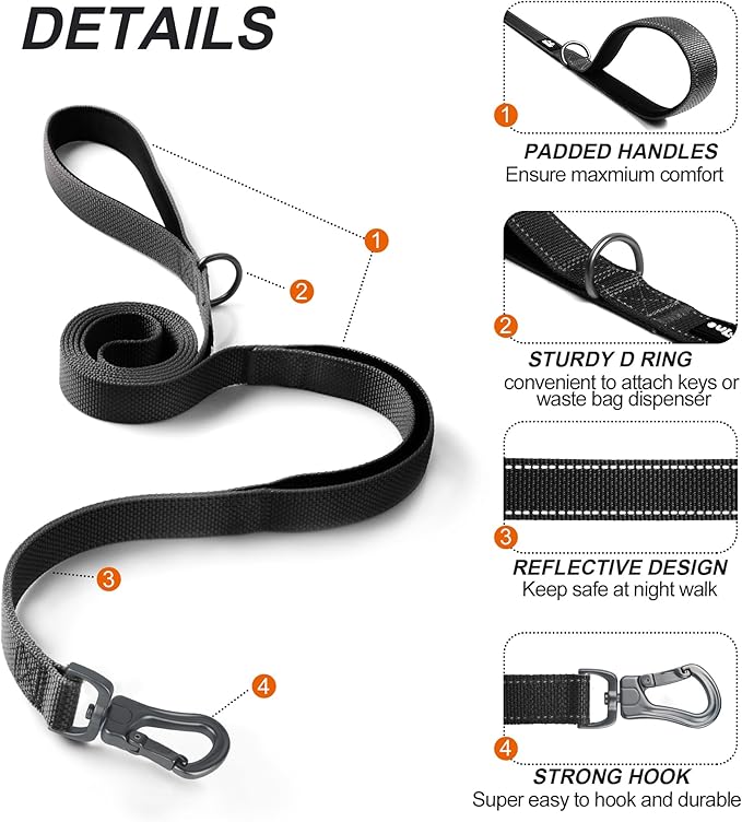 TwoEar 6FT 1IN Strong Black Dog Leash with 2 Padded Handles, Traffic Handle Extra Control, Comfortable Soft Dual Handle, Auto Lock Hook, Reflective Walking Lead for Small Medium and Large Dogs