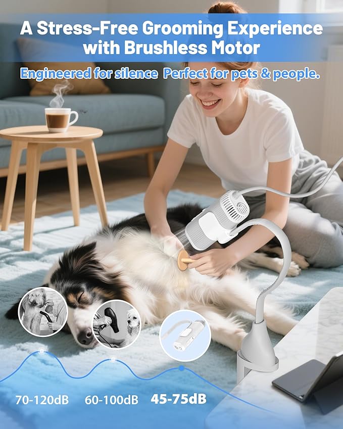 2-in-1 Hands-Free Dog Hair Dryer with Table Clamp – Low Noise Pet Grooming Dryer for Dogs & Cats, Adjustable Heat & Speed, Wearable or Desktop Use(Gray)